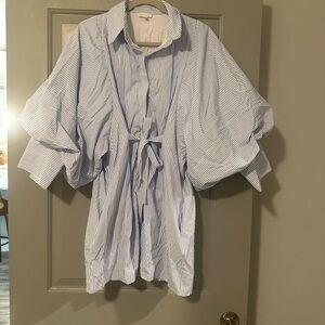 Reminiscence Striped Blue and White Tie-Waist Button Front Shirt Dress